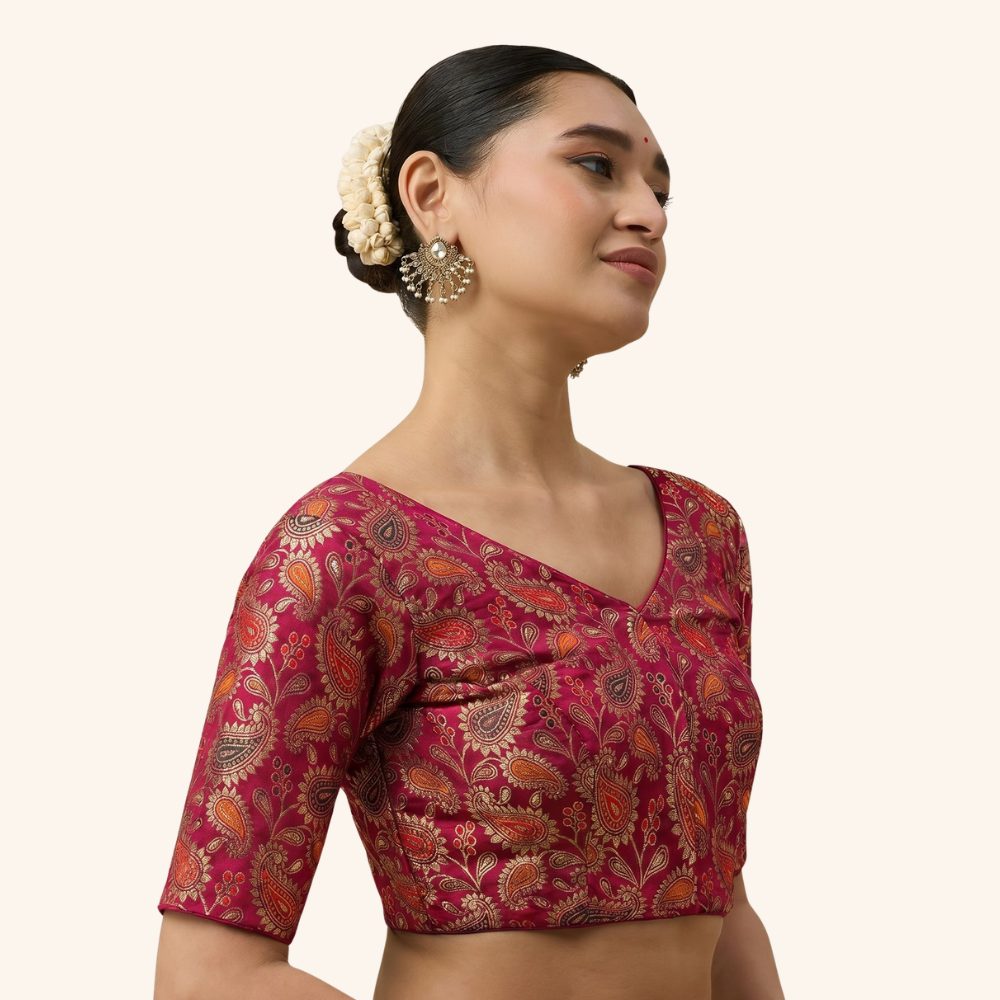 Studio Shringaar Women's Pink Paisley  Brocade Readymade Saree Blouse (Design 3028)