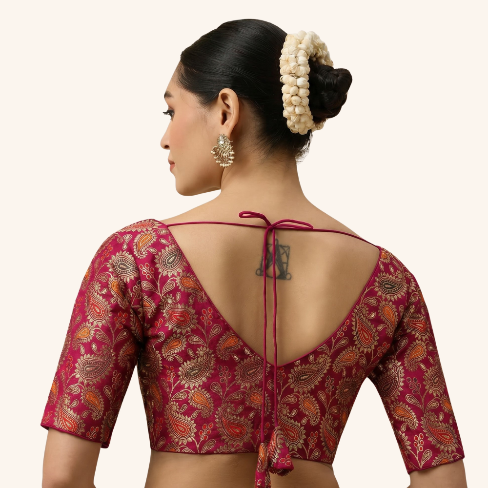 Studio Shringaar Women's Pink Paisley  Brocade Readymade Saree Blouse (Design 3028)