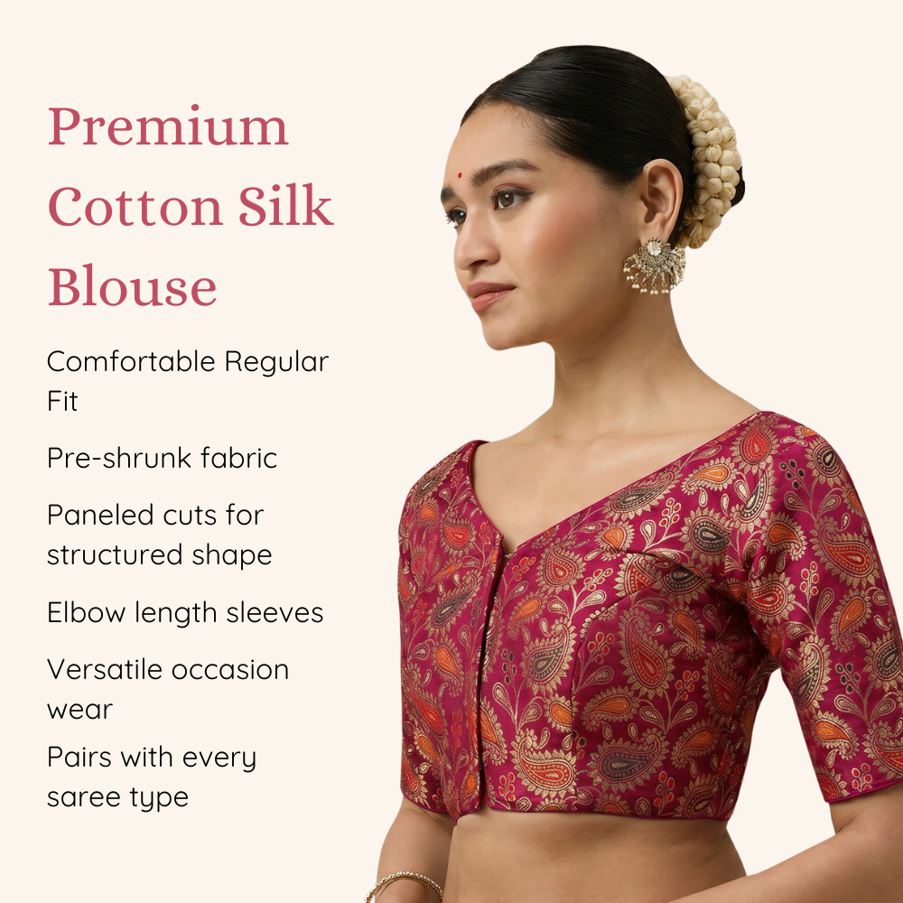 Studio Shringaar Women's Pink Paisley  Brocade Readymade Saree Blouse (Design 3028)