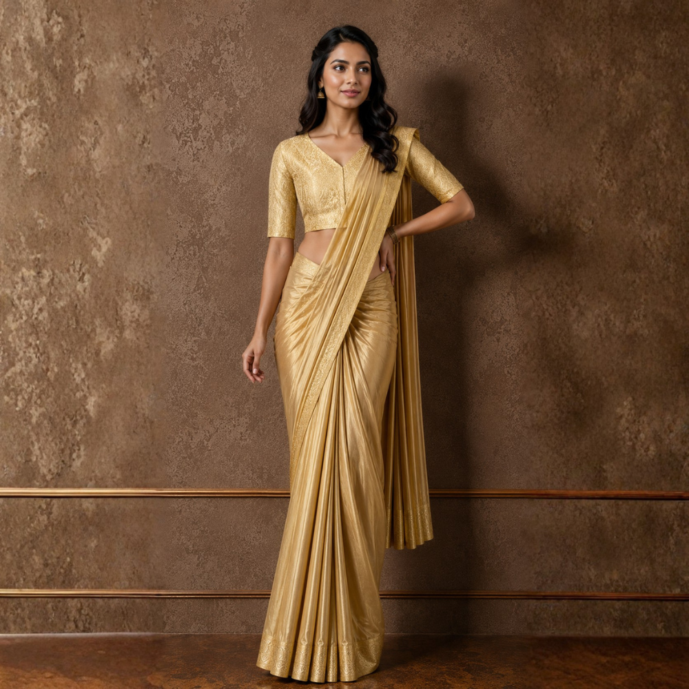 Studio Shringaar Women's Gold Brocade Side Stretch ( Smocked ) Readymade Saree Blouse (Design 3026)