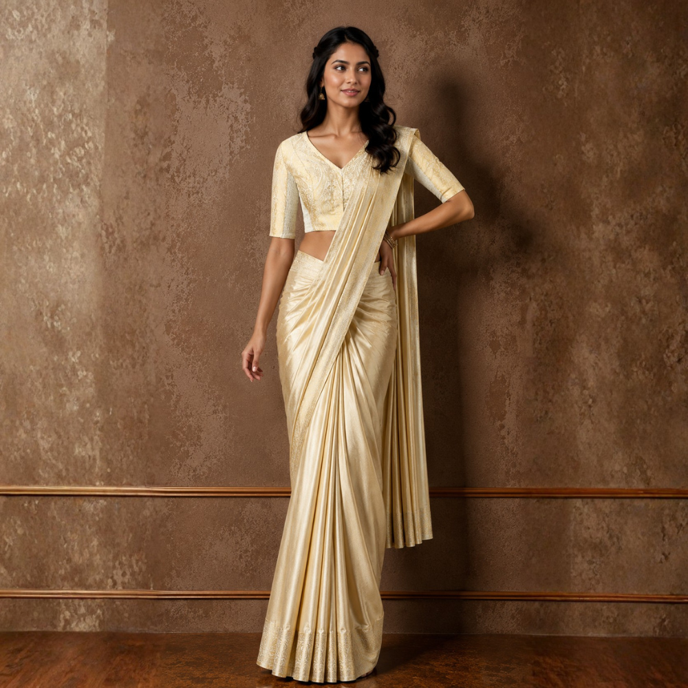 Studio Shringaar Women's Cream Brocade Side Stretch ( Smocked ) Readymade Saree Blouse (Design 3026)