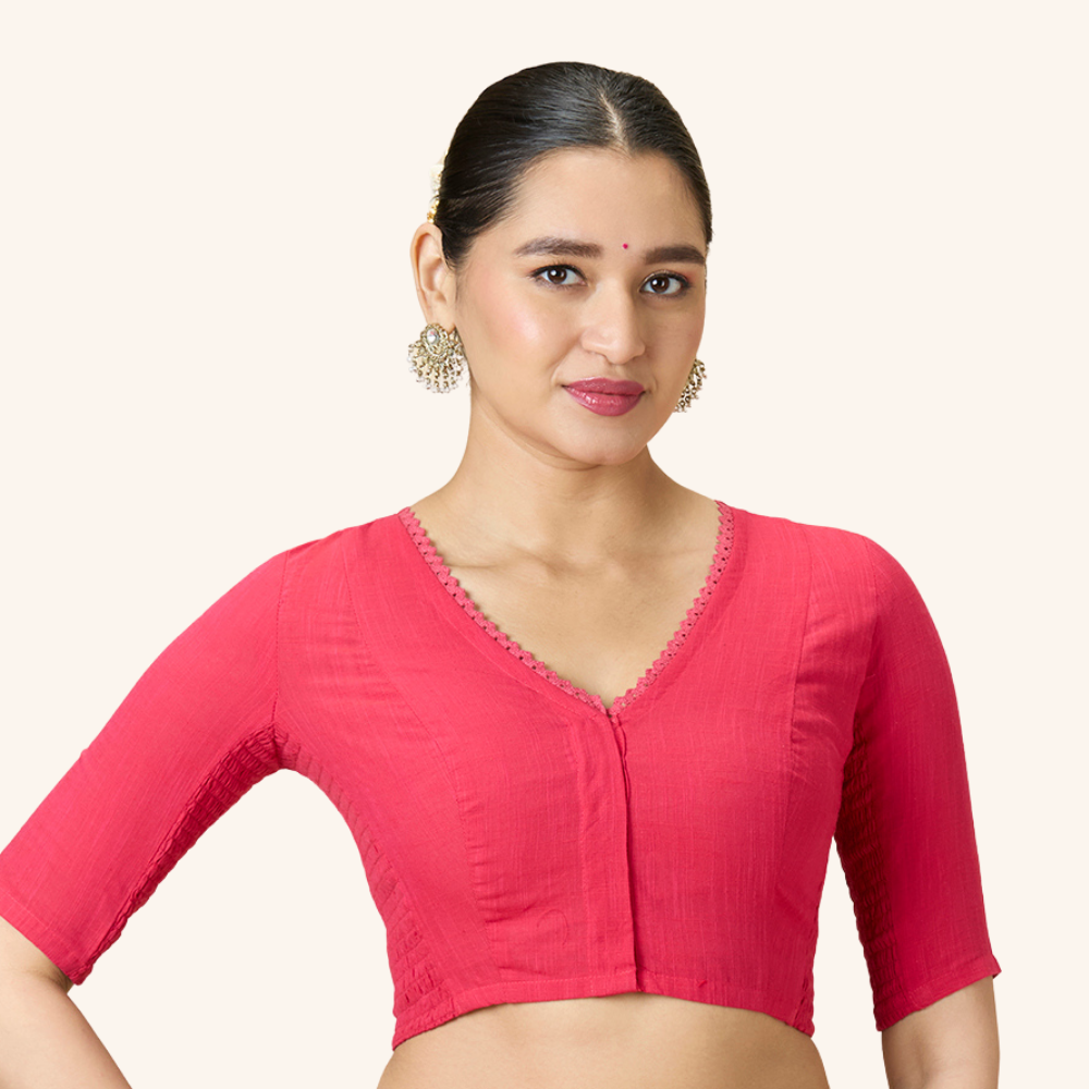 Studio Shringaar Women's Pink Handloom Cotton Side Stretchable (Smocked) Readymade Saree Blouse With Crochet Neckline (Design 2997)