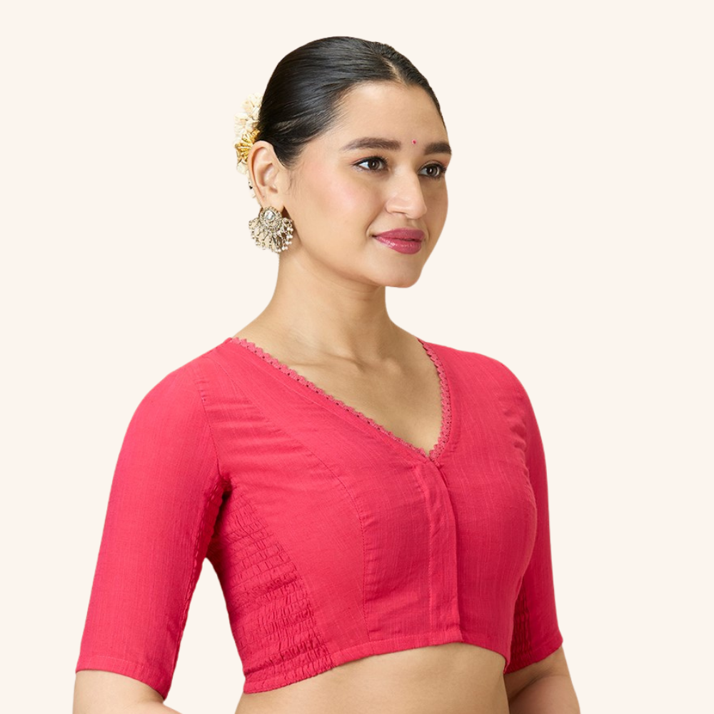 Studio Shringaar Women's Pink Handloom Cotton Side Stretchable (Smocked) Readymade Saree Blouse With Crochet Neckline (Design 2997)