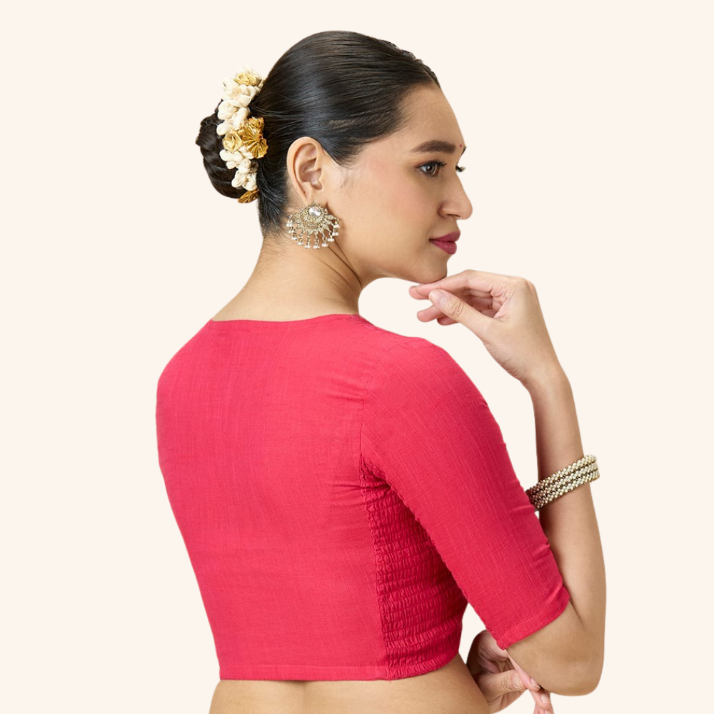 Studio Shringaar Women's Pink Handloom Cotton Side Stretchable (Smocked) Readymade Saree Blouse With Crochet Neckline (Design 2997)