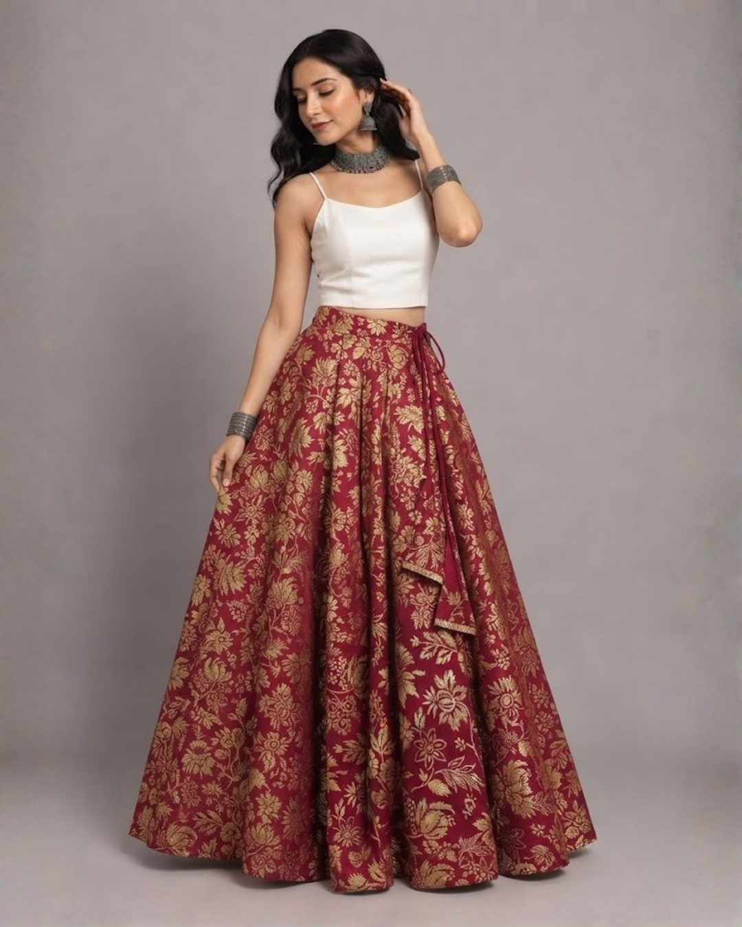 Studio Shringaar Women's Readymade Maroon Skirt Lehenga (Design 1037)