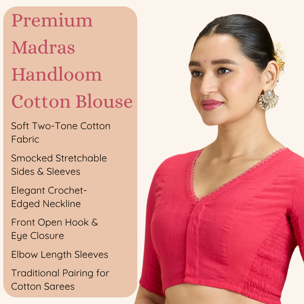 Studio Shringaar Women's Pink Handloom Cotton Side Stretchable (Smocked) Readymade Saree Blouse With Crochet Neckline (Design 2997)