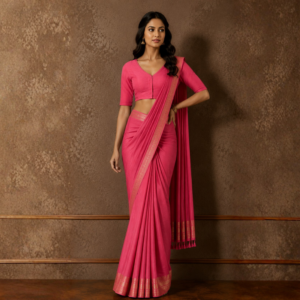 Studio Shringaar Women's Pink Handloom Cotton Side Stretchable (Smocked) Readymade Saree Blouse With Crochet Neckline (Design 2997)