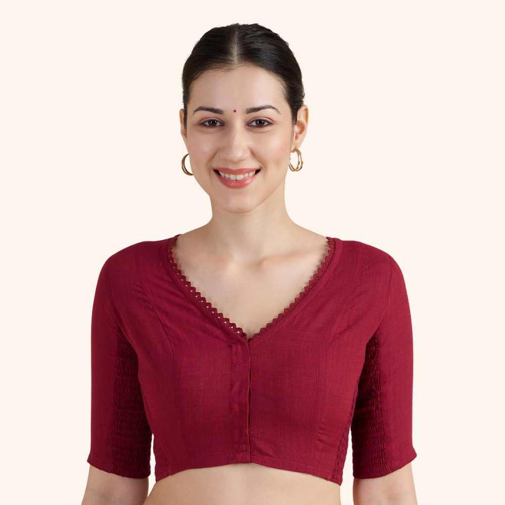 Studio Shringaar Women's Maroon Handloom Cotton Side Stretchable (Smocked) Readymade Saree Blouse With Crochet Neckline (Design 2997)