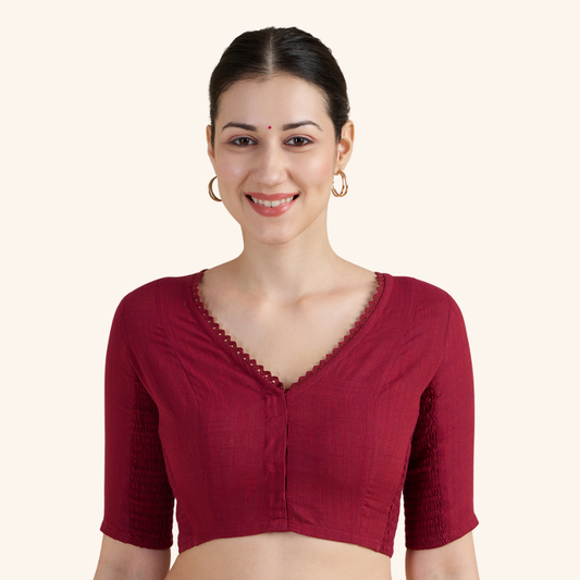 Studio Shringaar Women's Maroon Handloom Cotton Side Stretchable (Smocked) Readymade Saree Blouse With Crochet Neckline (Design 2997)