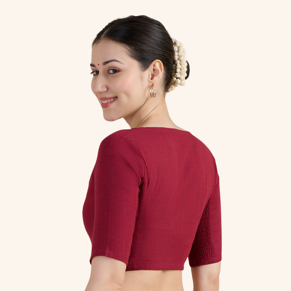 Studio Shringaar Women's Maroon Handloom Cotton Side Stretchable (Smocked) Readymade Saree Blouse With Crochet Neckline (Design 2997)