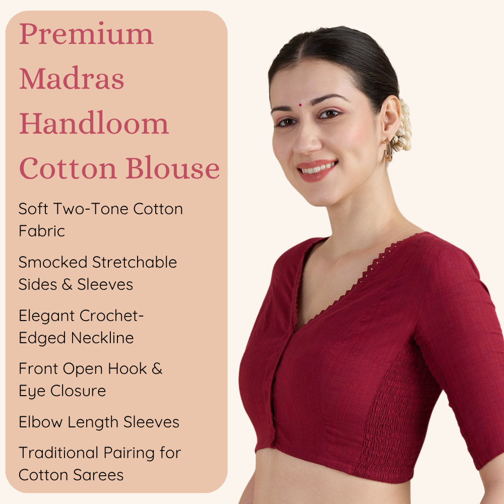 Studio Shringaar Women's Maroon Handloom Cotton Side Stretchable (Smocked) Readymade Saree Blouse With Crochet Neckline (Design 2997)
