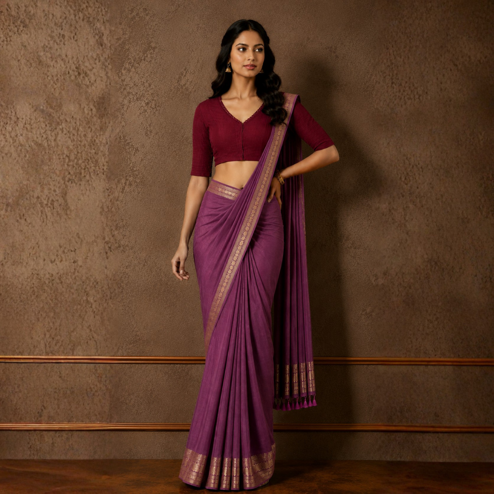 Studio Shringaar Women's Maroon Handloom Cotton Side Stretchable (Smocked) Readymade Saree Blouse With Crochet Neckline (Design 2997)
