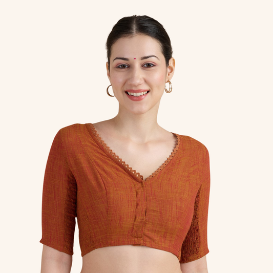 Studio Shringaar Women's Rust Handloom Cotton Side Stretchable (Smocked) Readymade Saree Blouse With Crochet Neckline (Design 2997)
