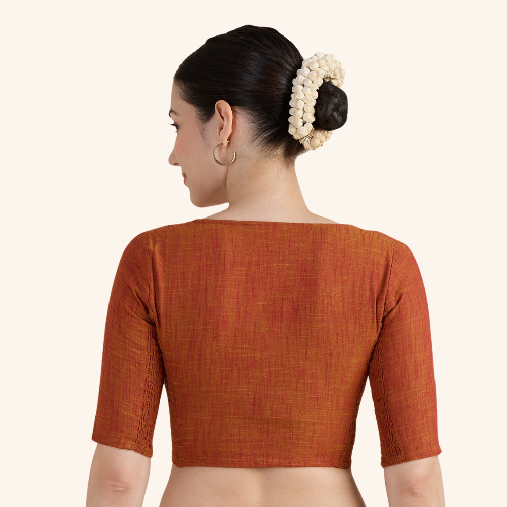 Studio Shringaar Women's Rust Handloom Cotton Side Stretchable (Smocked) Readymade Saree Blouse With Crochet Neckline (Design 2997)