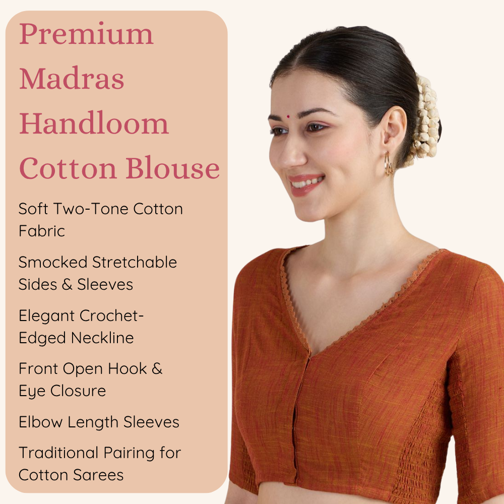 Studio Shringaar Women's Rust Handloom Cotton Side Stretchable (Smocked) Readymade Saree Blouse With Crochet Neckline (Design 2997)