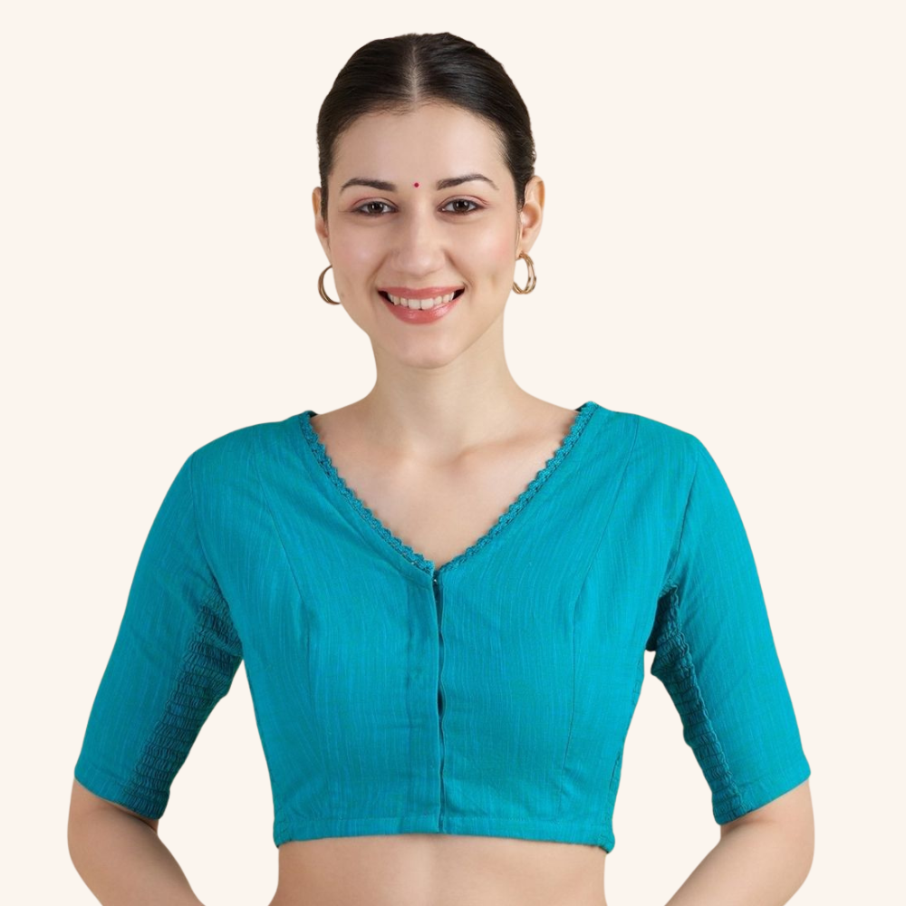 Studio Shringaar Women's Rama Green Handloom Cotton Side Stretchable (Smocked) Readymade Saree Blouse With Crochet Neckline (Design 2997)