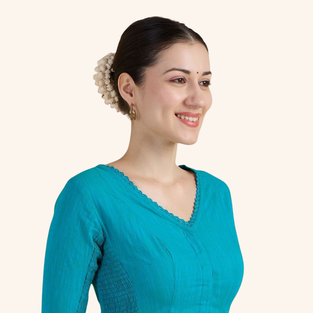 Studio Shringaar Women's Rama Green Handloom Cotton Side Stretchable (Smocked) Readymade Saree Blouse With Crochet Neckline (Design 2997)