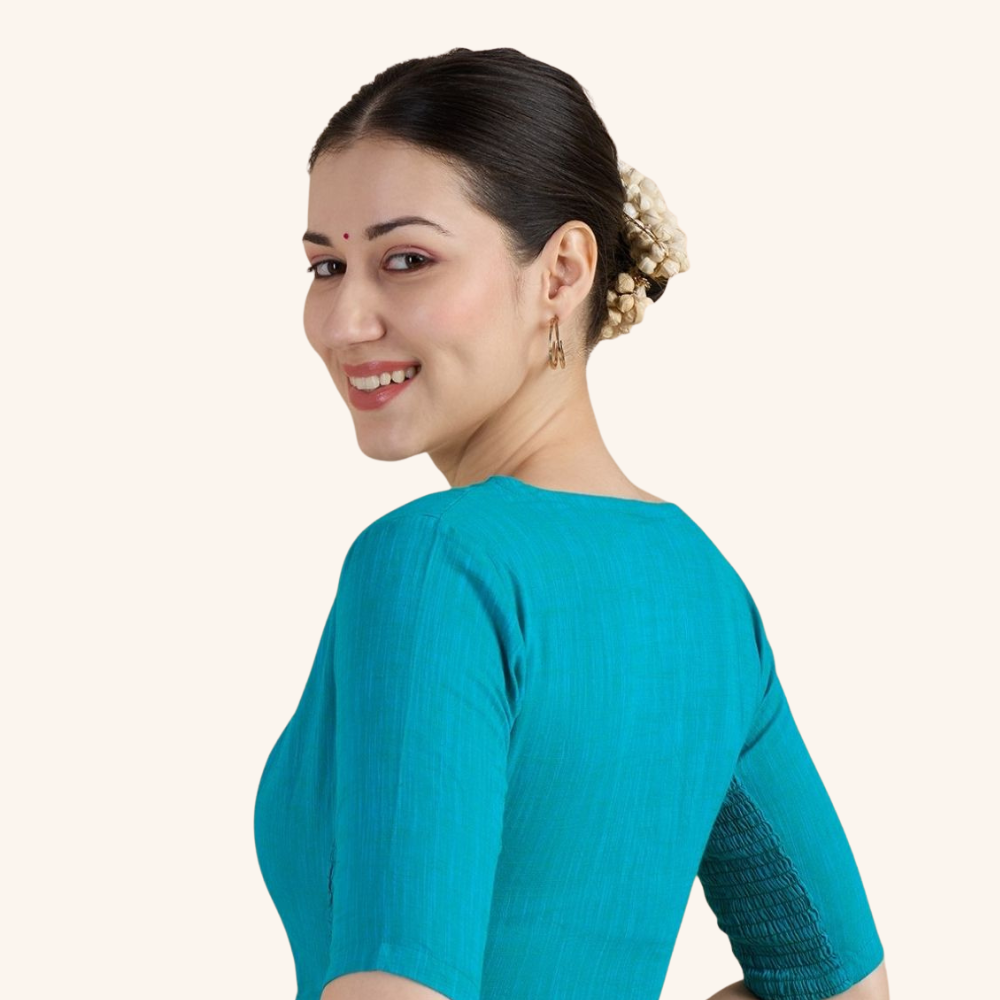 Studio Shringaar Women's Rama Green Handloom Cotton Side Stretchable (Smocked) Readymade Saree Blouse With Crochet Neckline (Design 2997)