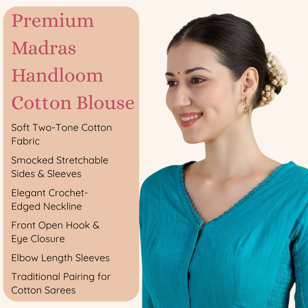 Studio Shringaar Women's Rama Green Handloom Cotton Side Stretchable (Smocked) Readymade Saree Blouse With Crochet Neckline (Design 2997)