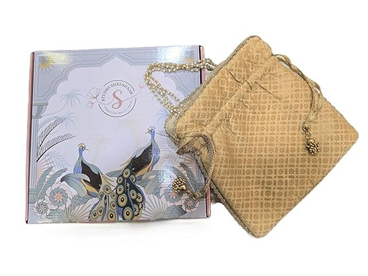Studio Shringaar Women’s Golden Brocade Potli Purse Batwa in Gift Box | Perfect Gift for Mother, Wife & Sister