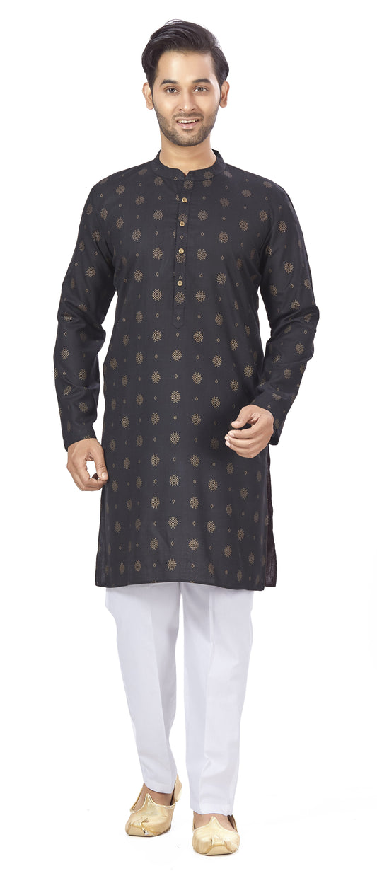 Men's Black Rayon Relaxed Fit Printed Knee Length Kurta (Design 104)