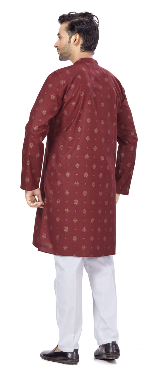 Men's Maroon Rayon Relaxed Fit Printed Knee Length Kurta (Design 104)