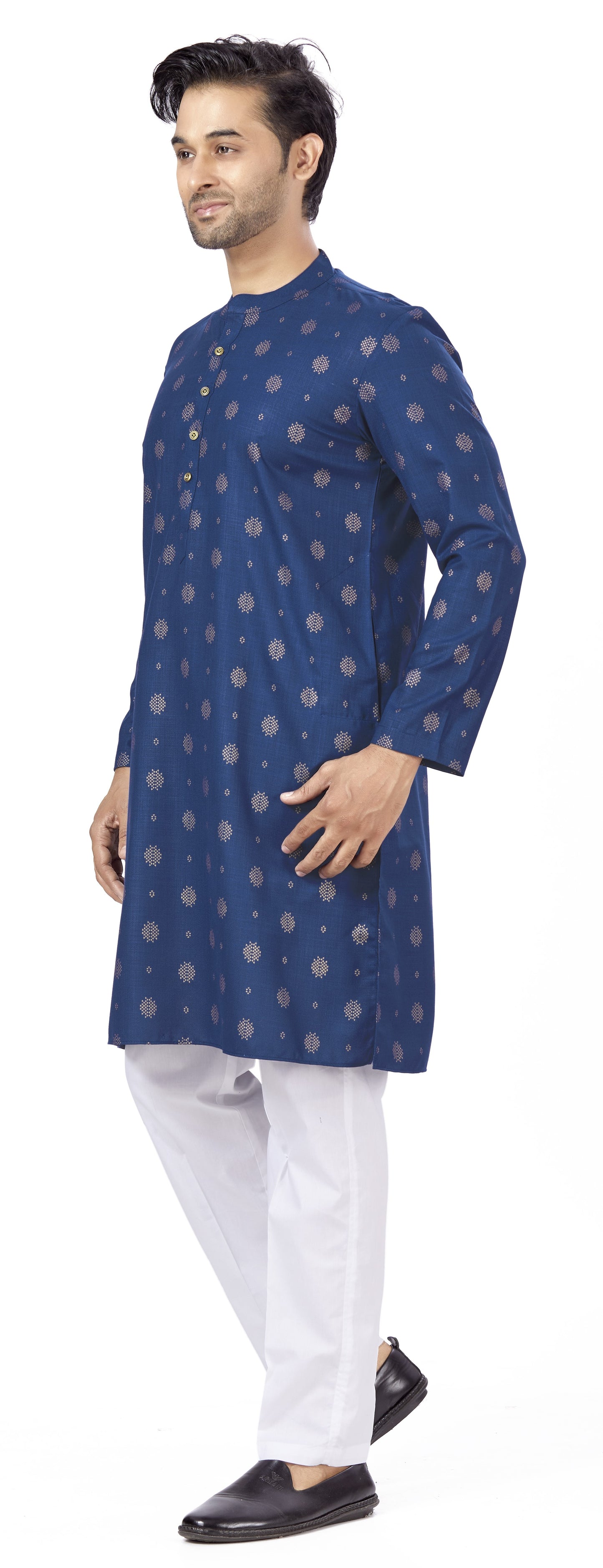 Men's Navy Blue Rayon Relaxed Fit Printed Knee Length Kurta (Design 104)