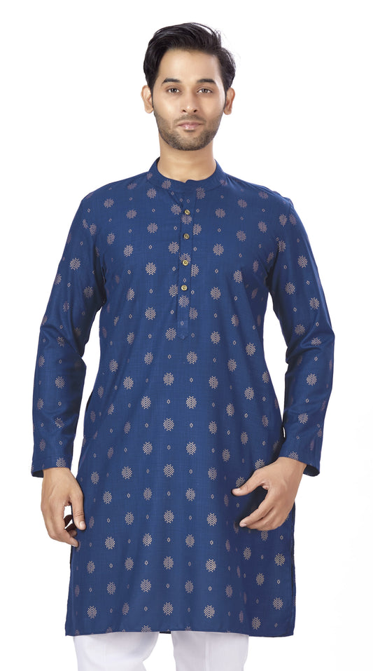 Men's Navy Blue Rayon Relaxed Fit Printed Knee Length Kurta (Design 104)