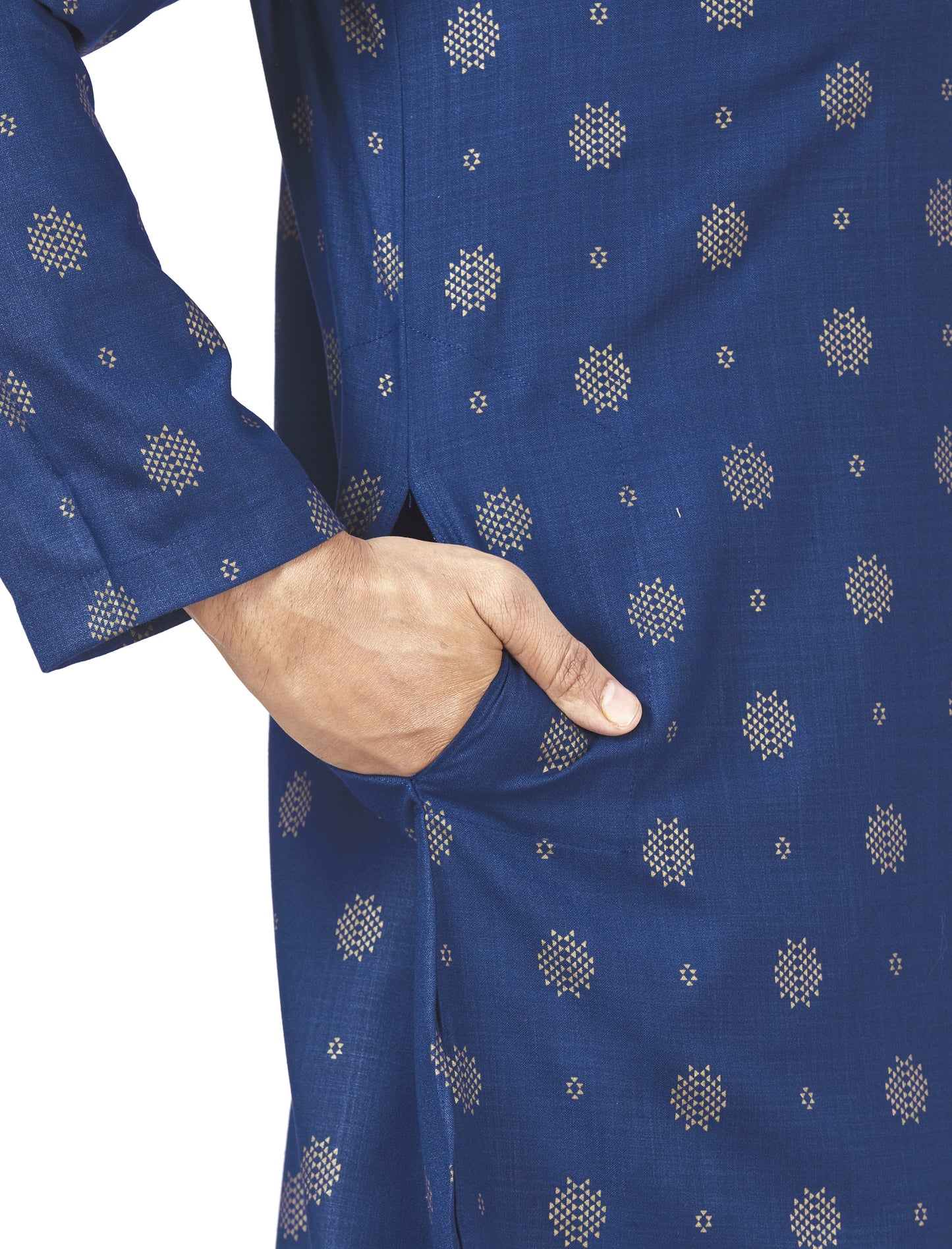 Men's Navy Blue Rayon Relaxed Fit Printed Knee Length Kurta (Design 104)