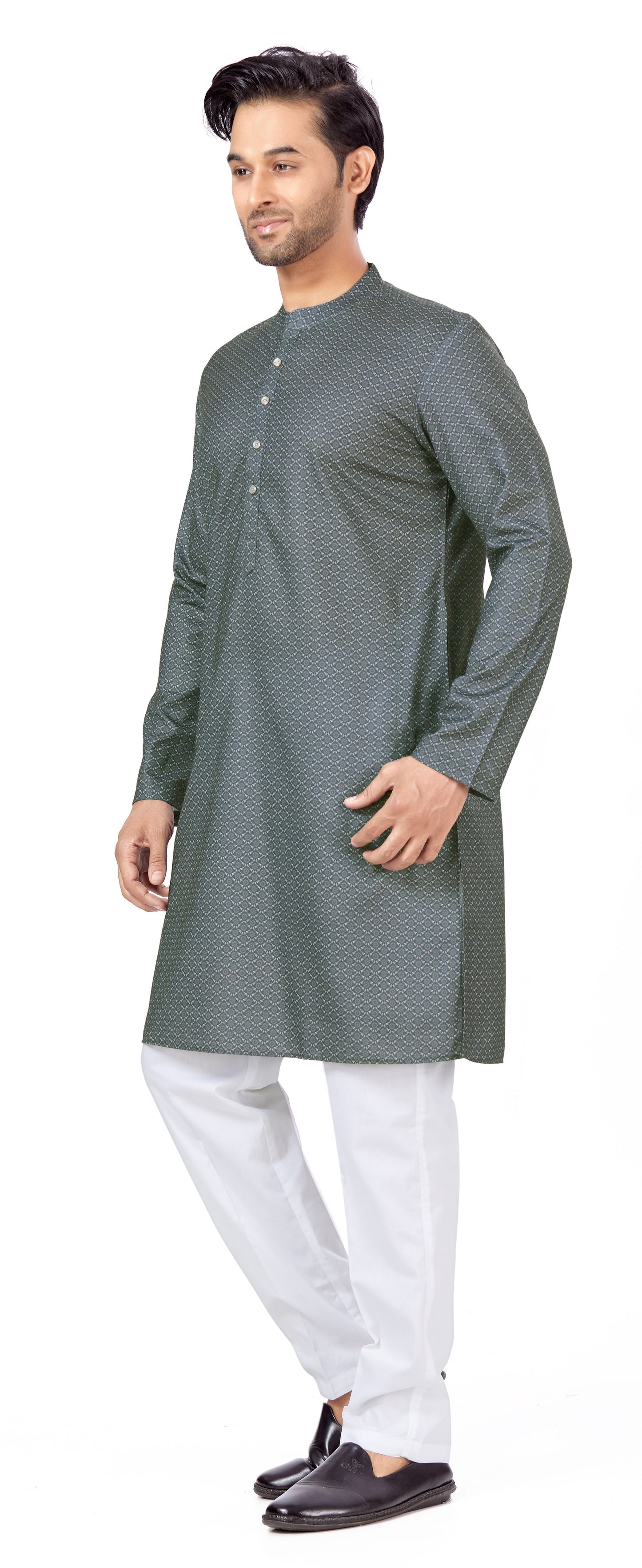 Men's Grey Cotton Blended Relaxed Fit Printed Knee Length Kurta (Design 107)
