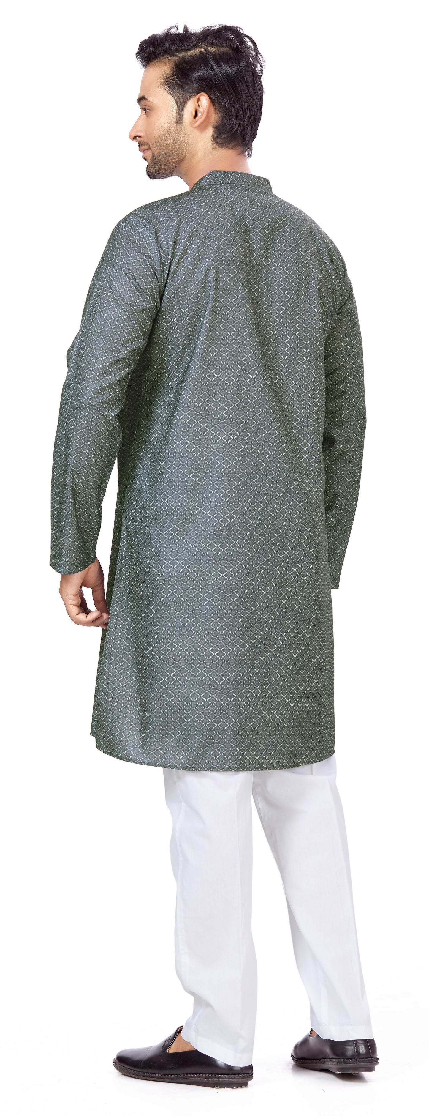 Men's Grey Cotton Blended Relaxed Fit Printed Knee Length Kurta (Design 107)