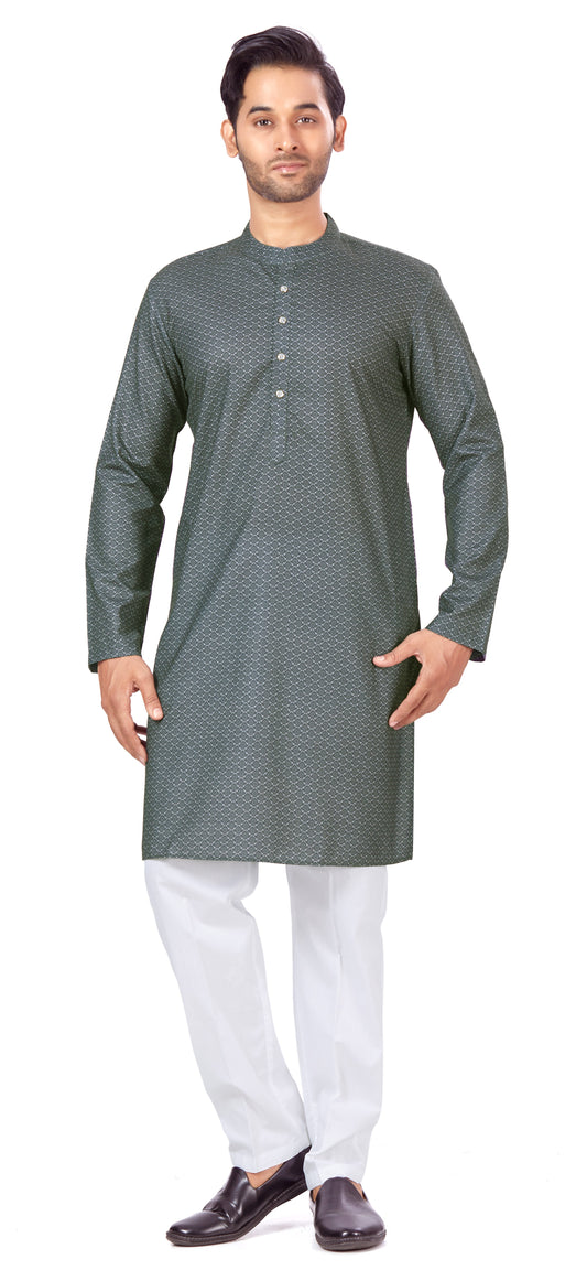 Men's Grey Cotton Blended Relaxed Fit Printed Knee Length Kurta (Design 107)
