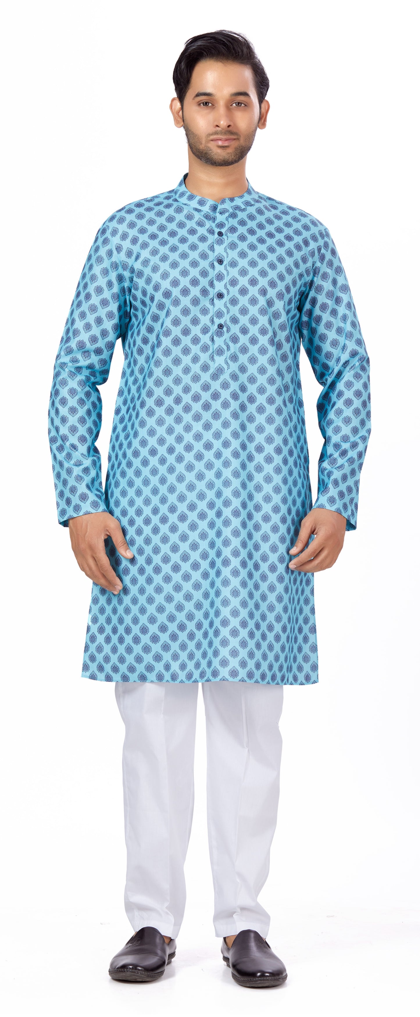Men's Blue Cotton Blended Relaxed Fit Printed Knee Length Kurta (Design 110)