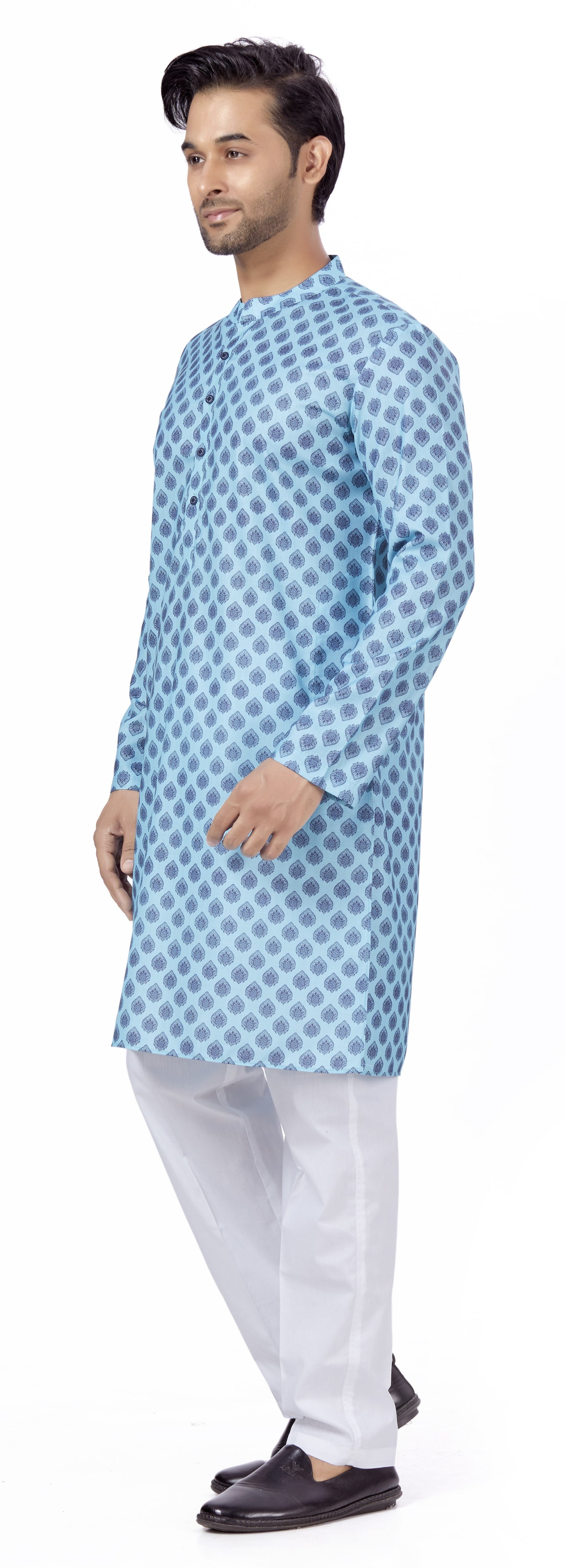 Men's Blue Cotton Blended Relaxed Fit Printed Knee Length Kurta (Design 110)