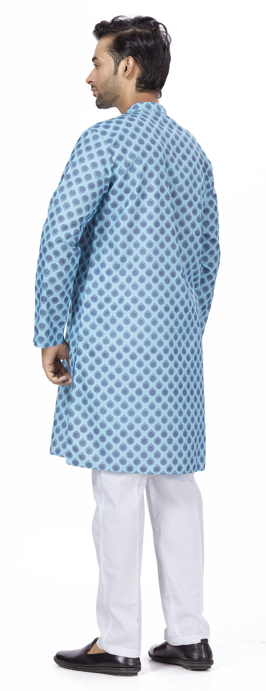 Men's Blue Cotton Blended Relaxed Fit Printed Knee Length Kurta (Design 110)