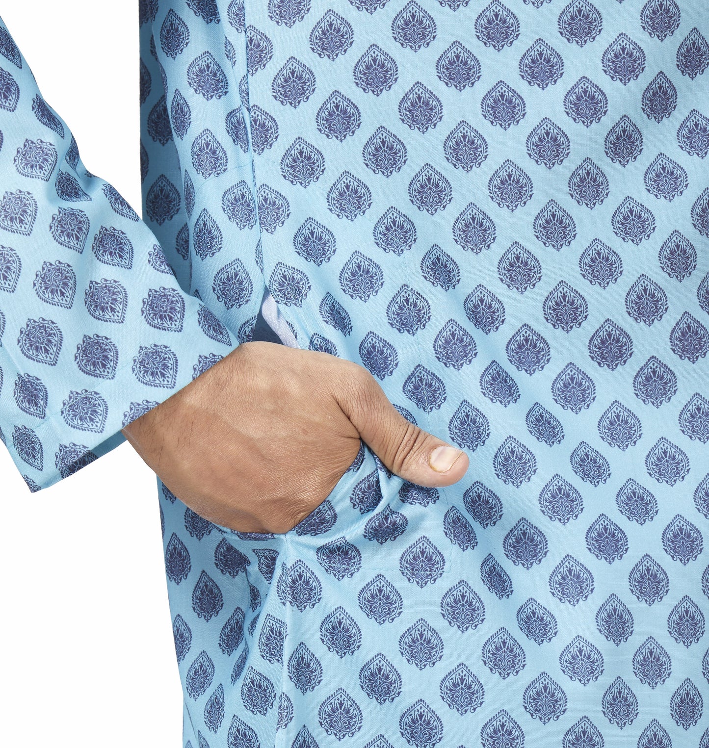 Men's Blue Cotton Blended Relaxed Fit Printed Knee Length Kurta (Design 110)