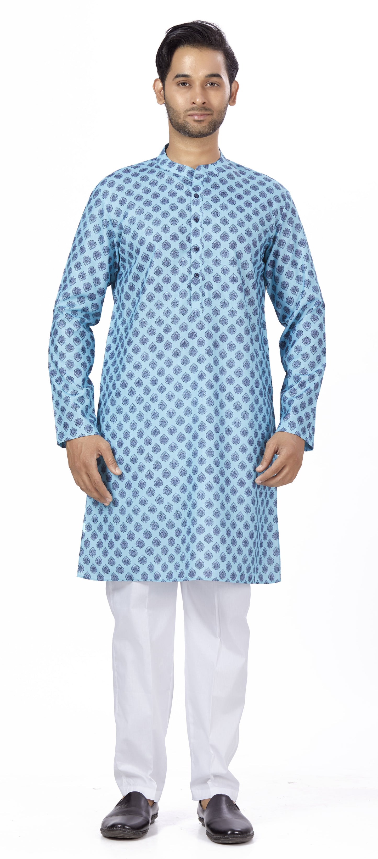 Men's Blue Cotton Blended Relaxed Fit Printed Knee Length Kurta (Design 110)