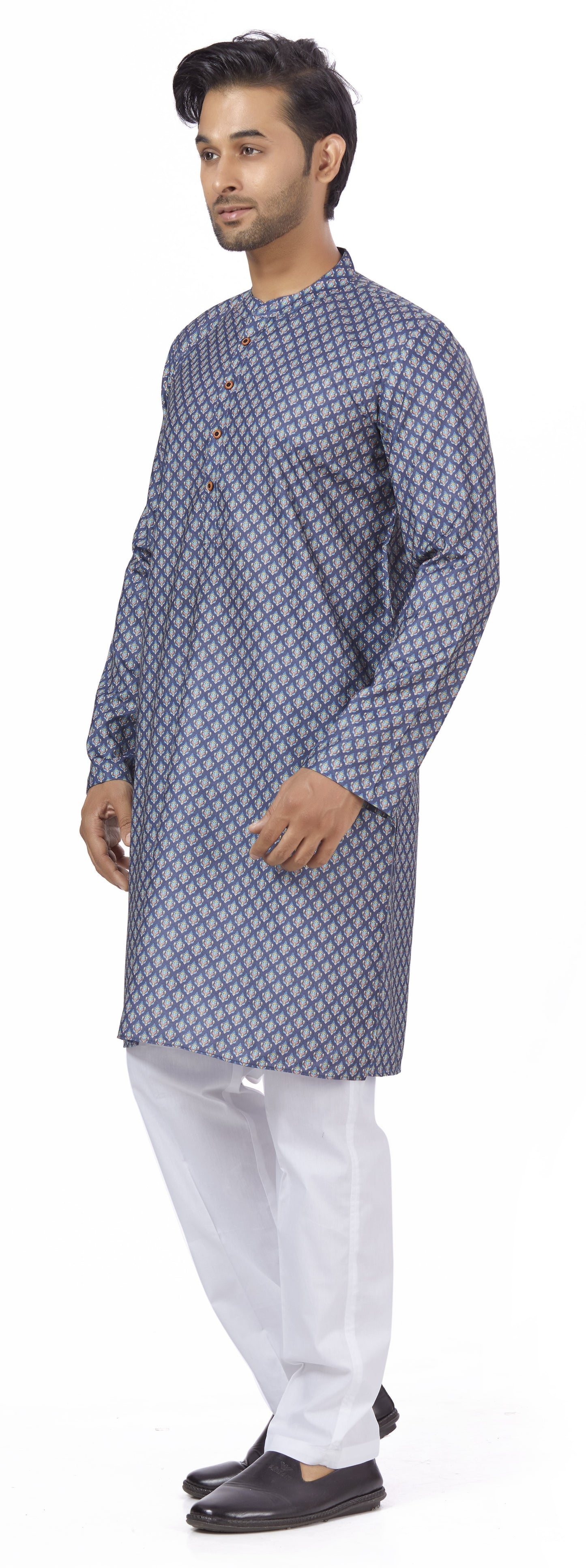 Men's Navy Blue Cotton Blended Relaxed Fit Printed Knee Length Kurta (Design 111)