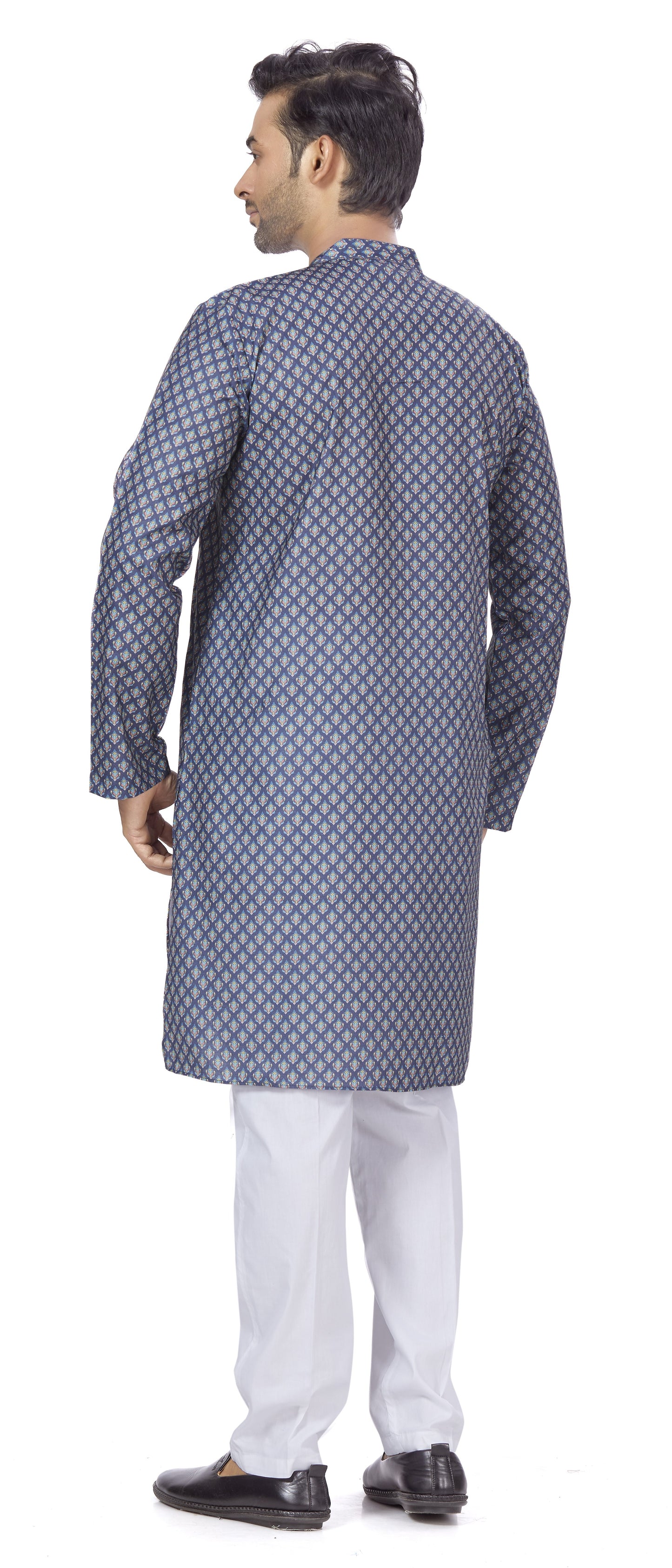 Men's Navy Blue Cotton Blended Relaxed Fit Printed Knee Length Kurta (Design 111)