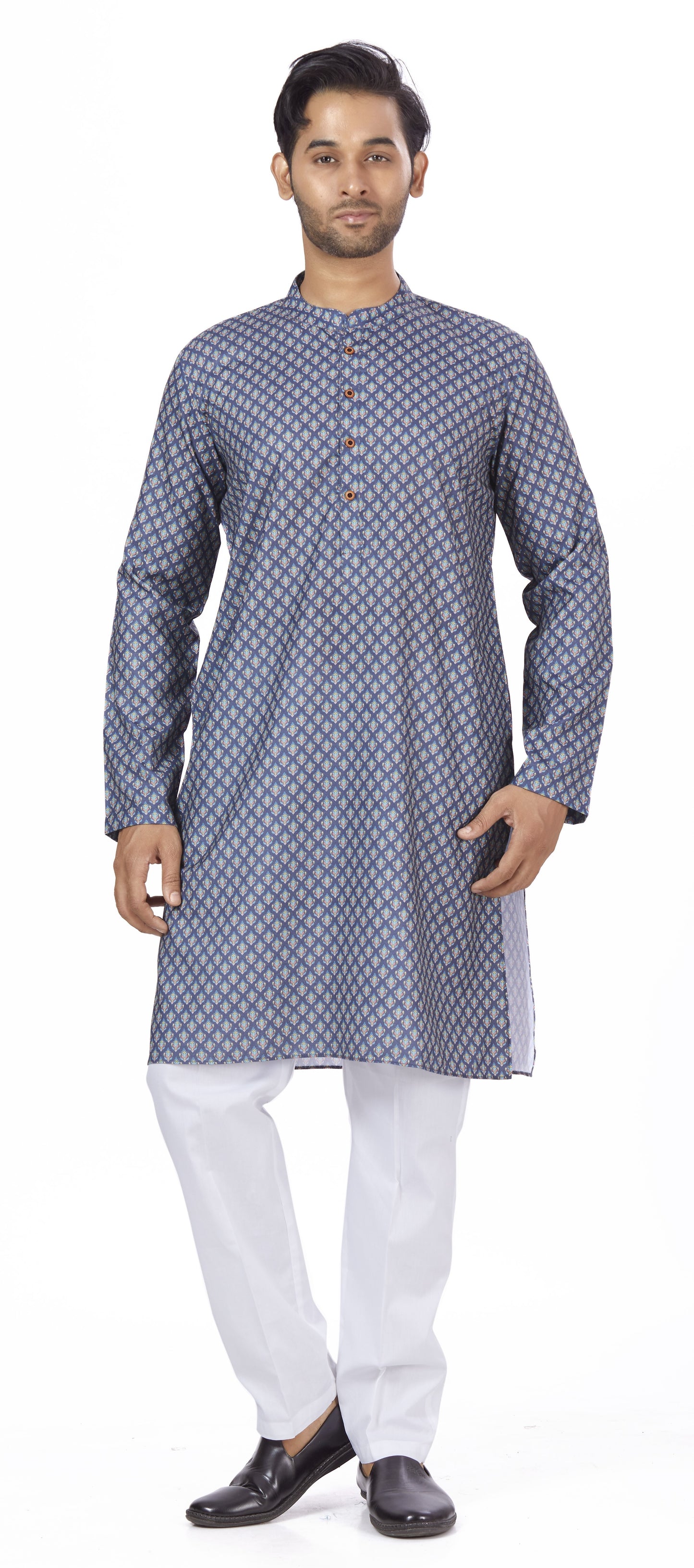 Men's Navy Blue Cotton Blended Relaxed Fit Printed Knee Length Kurta (Design 111)