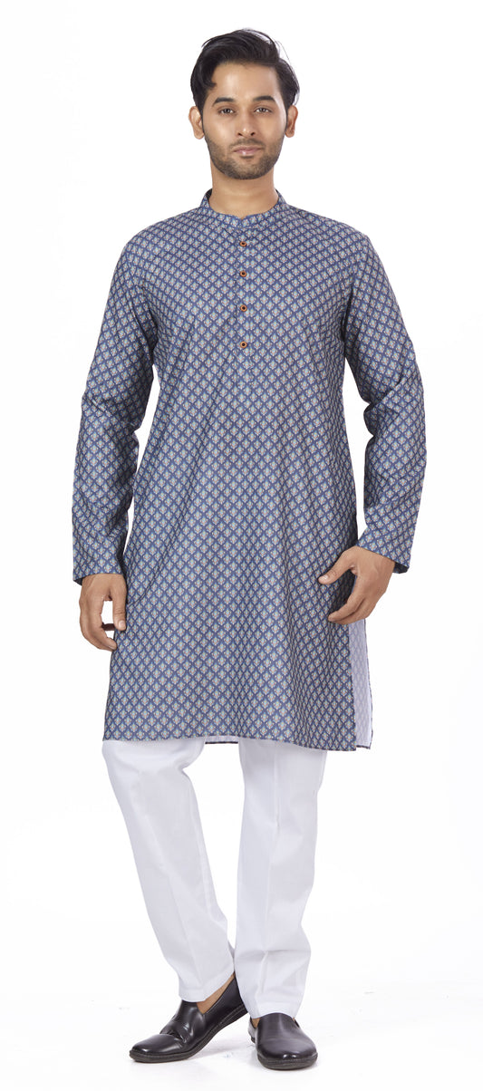 Men's Navy Blue Cotton Blended Relaxed Fit Printed Knee Length Kurta (Design 111)