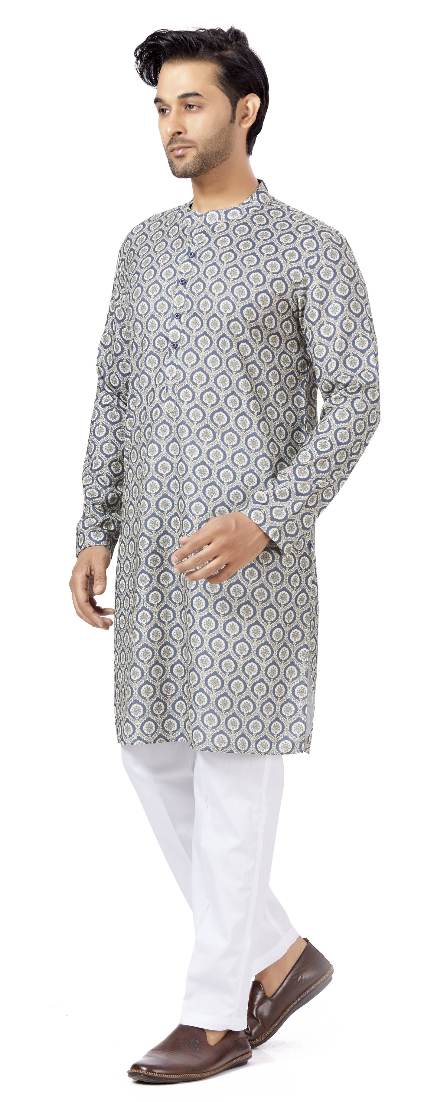 Men's Grey Cotton Blended Relaxed Fit Printed Knee Length Kurta (Design 112)