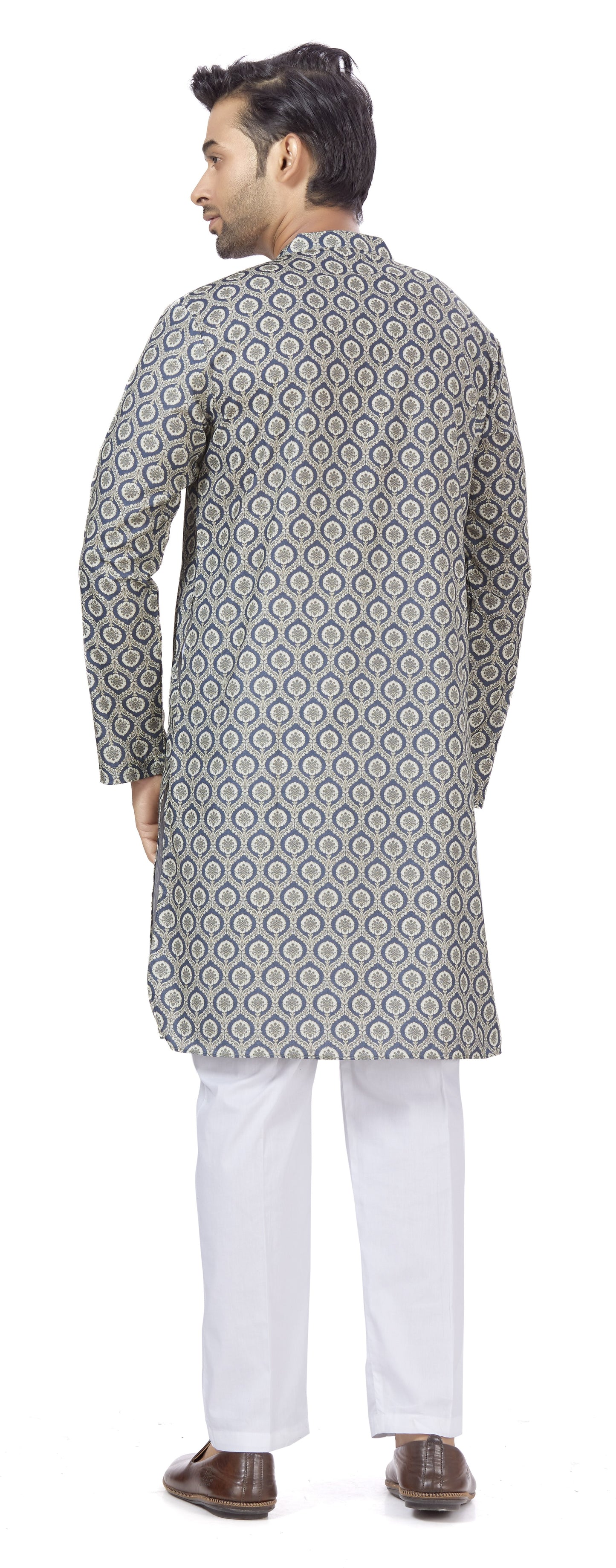 Men's Grey Cotton Blended Relaxed Fit Printed Knee Length Kurta (Design 112)