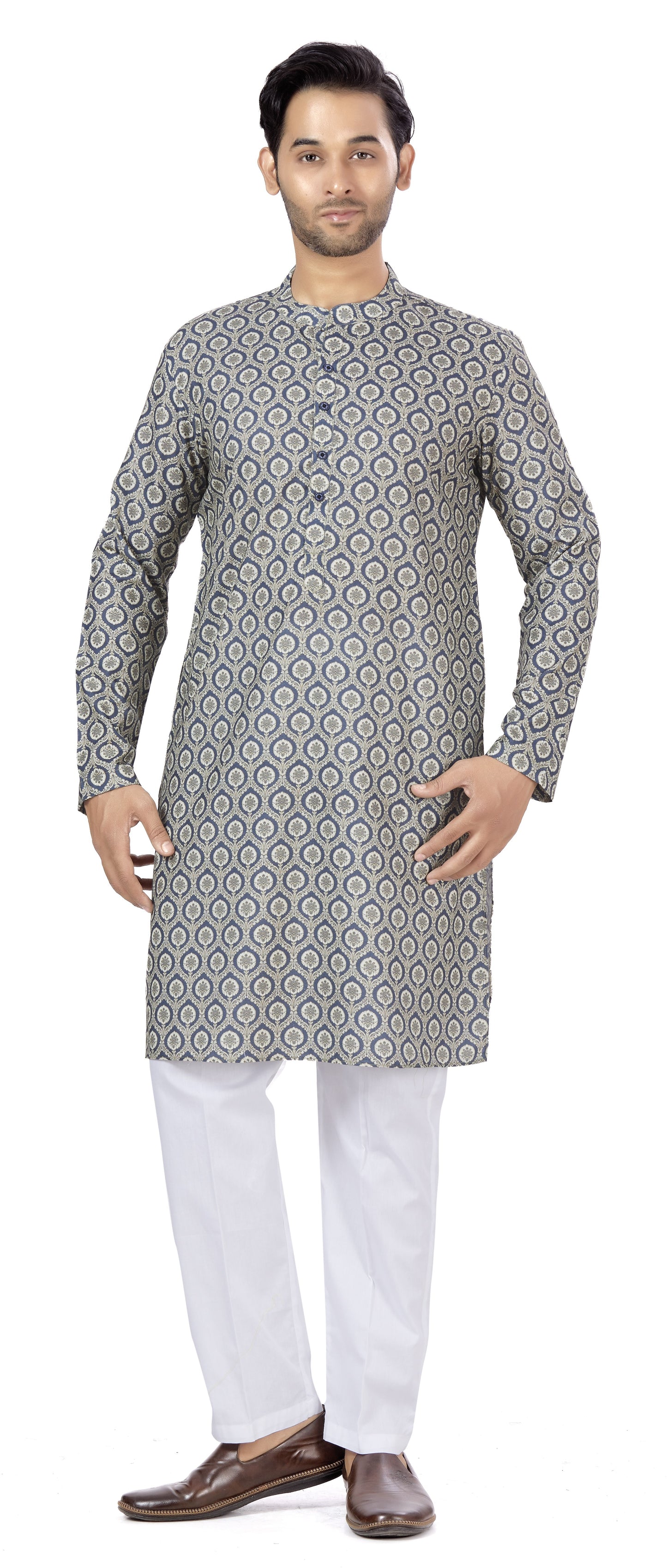 Men's Grey Cotton Blended Relaxed Fit Printed Knee Length Kurta (Design 112)