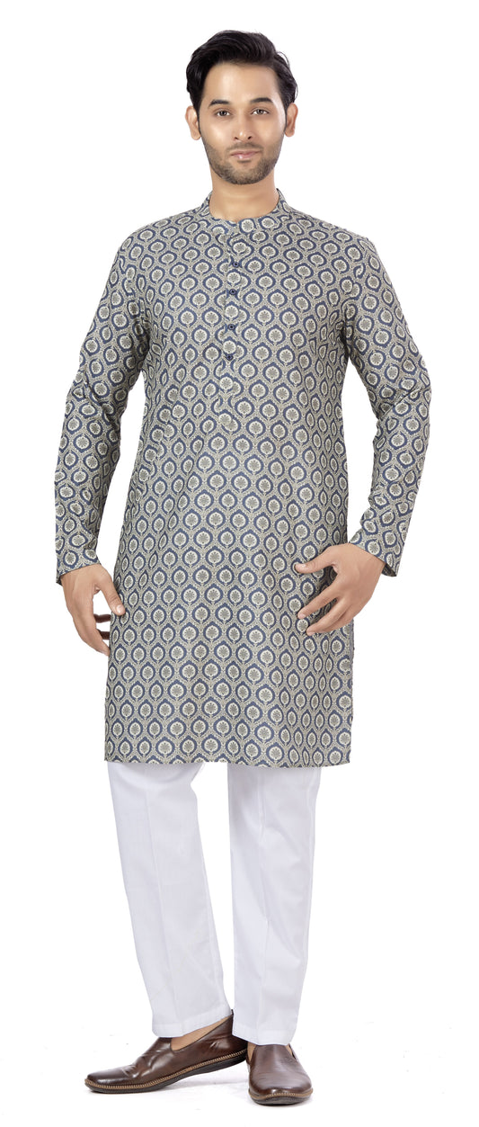 Men's Grey Cotton Blended Relaxed Fit Printed Knee Length Kurta (Design 112)