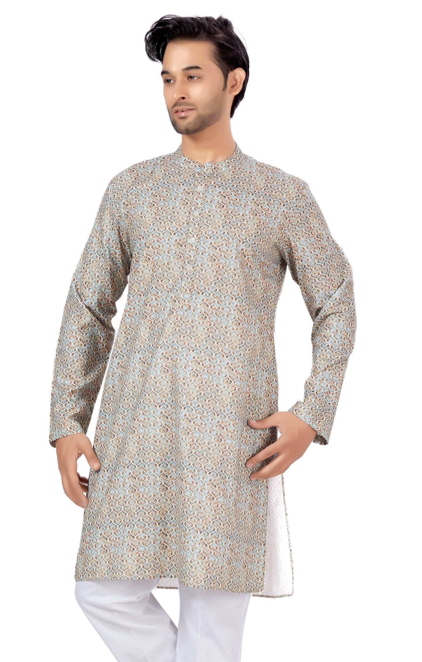 Men's Multicolour Cotton Blended Relaxed Fit Printed Knee Length Kurta (Design 113)