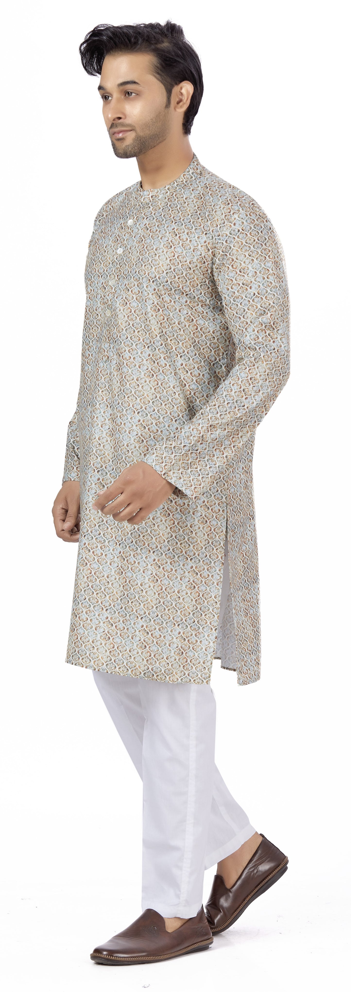 Men's Multicolour Cotton Blended Relaxed Fit Printed Knee Length Kurta (Design 113)