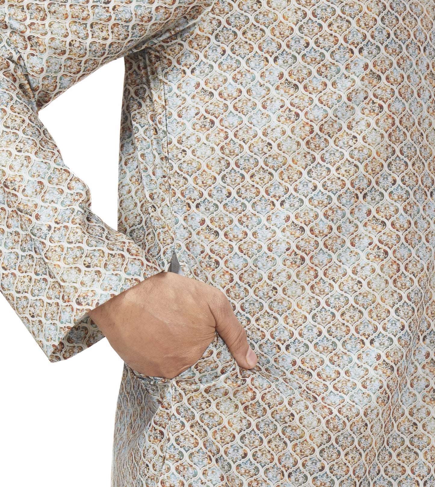 Men's Multicolour Cotton Blended Relaxed Fit Printed Knee Length Kurta (Design 113)