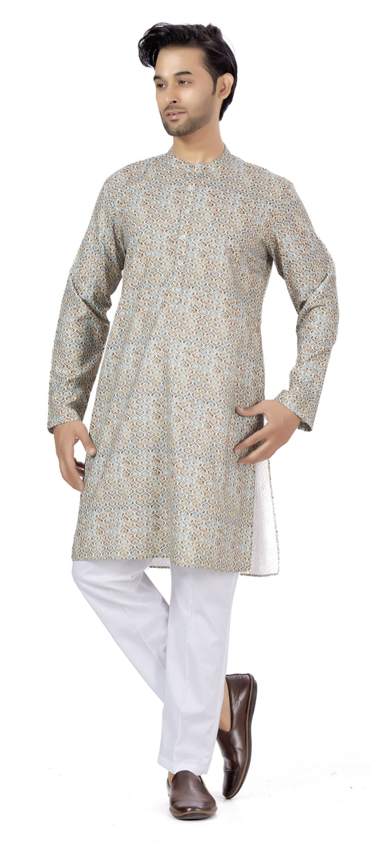 Men's Multicolour Cotton Blended Relaxed Fit Printed Knee Length Kurta (Design 113)