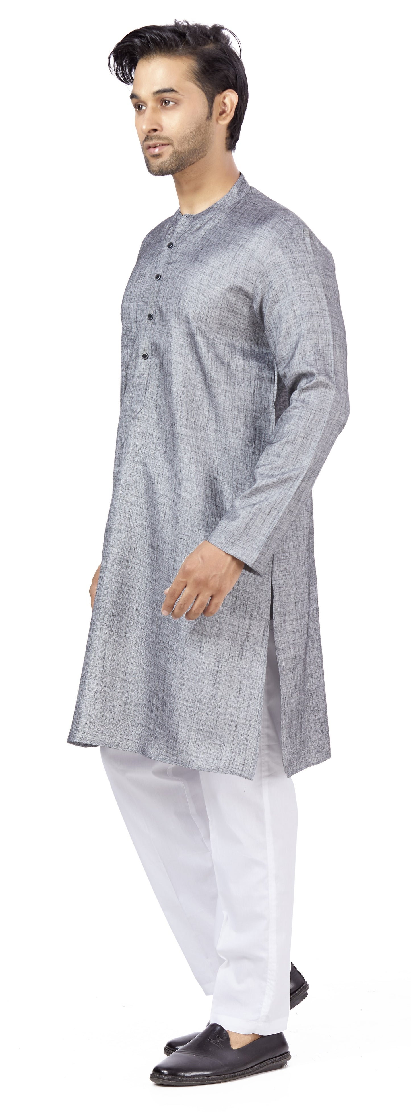 Men's Grey Linen Relaxed Fit Knee Length Kurta (Design 114)